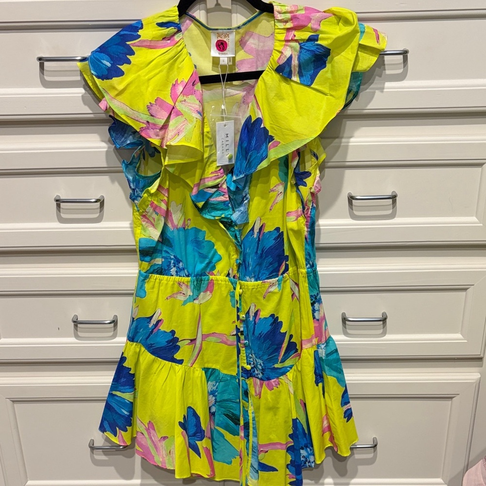 Milly of New York Neon Yellow Floral Mini Dress with Blue & Pink Accents